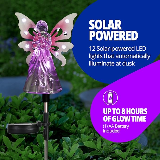 Exhart Garden Solar Lights, Decorative Angel Garden Stake, 12 LEDs, Cute Yard and Pathway Decor, Pink, 4 x 34 Inch