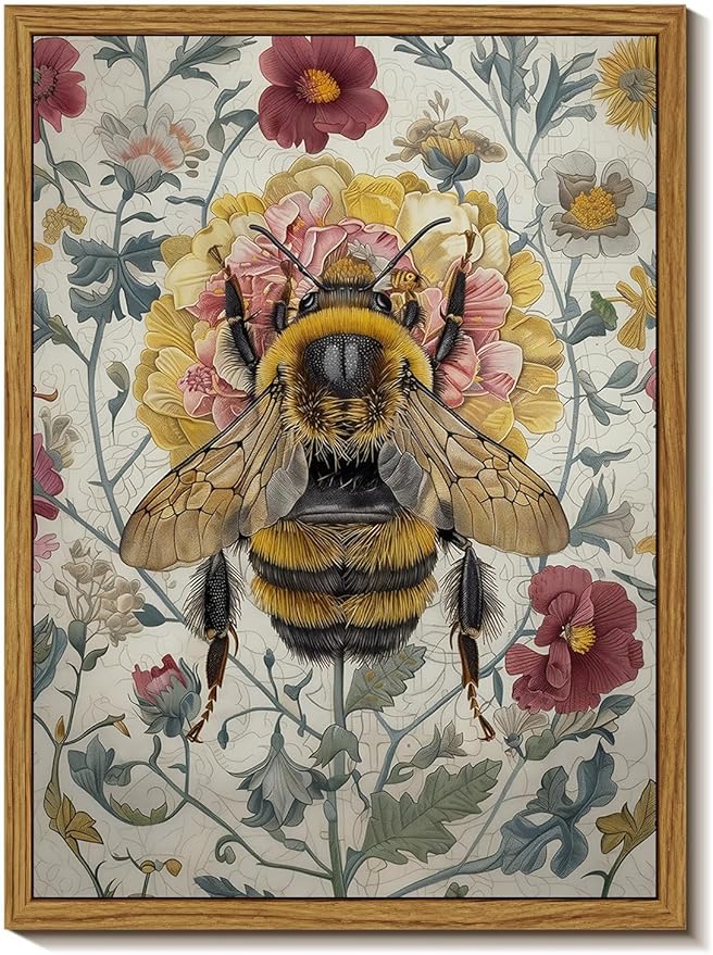 Djmwtb Vintage Framed Wall Art Bee Canvas Wall Art Prints Botanical Flower Painting Nature Pictures Artwork for Bedroom Living Room Office 12x16in
