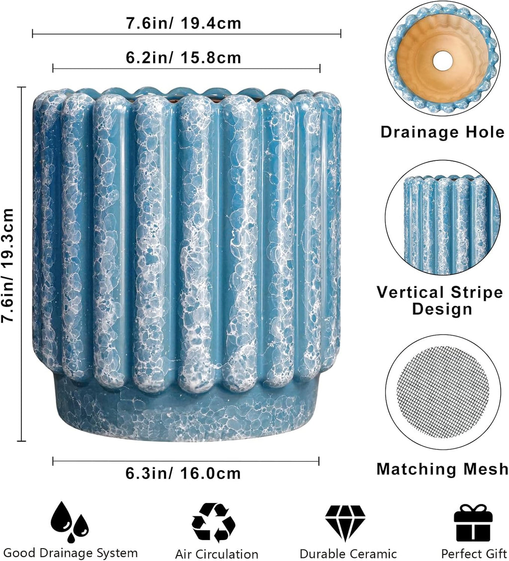 Ceramic Planter - 7.6 Inch Ceramic Plant Pots with Drainage Hole, Decorative Flower Pots for Indoor Outdoor, Fluted Round Planter, Room Home Decor, Plant Lover Gifts for Women, Blue
