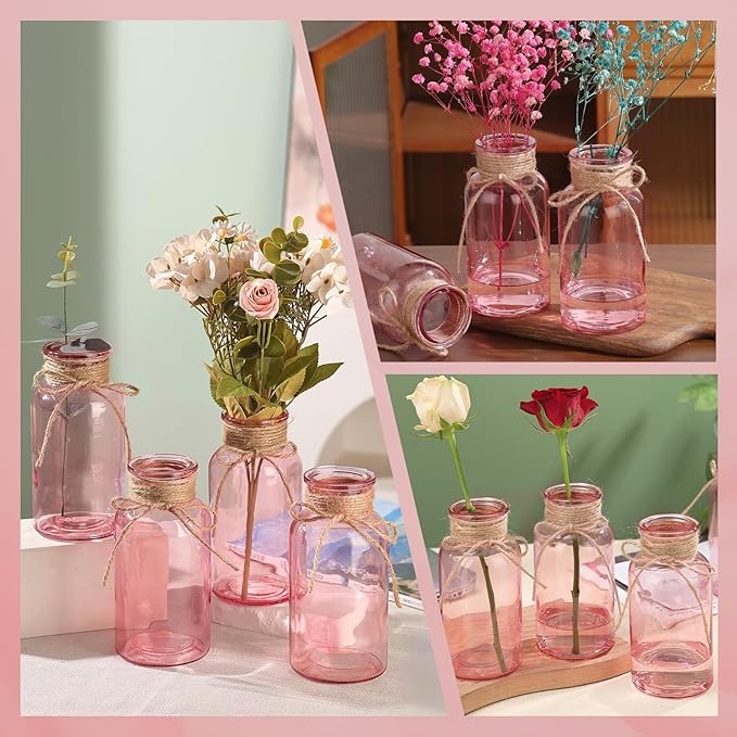 Pink Glass Flower Vases for Centerpieces Set of 6, Mason Jars Boho Cylinder Bud Vases in Bulk, for Weddings Parties Vintage Home Decor