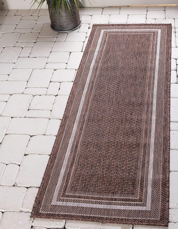 Unique Loom Outdoor Border Collection Area Rug - Soft Border (2'x 6' 1" Runner, Brown/ Ivory)