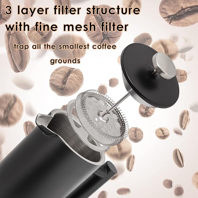 Mixpresso Black Stainless Steel French Press Coffee Maker 26 Oz 770 ml, Double Wall Insulated French Press Stainless Steel, Easy Clean Tea Brewer, Easy Press Durable Metal Coffee Press