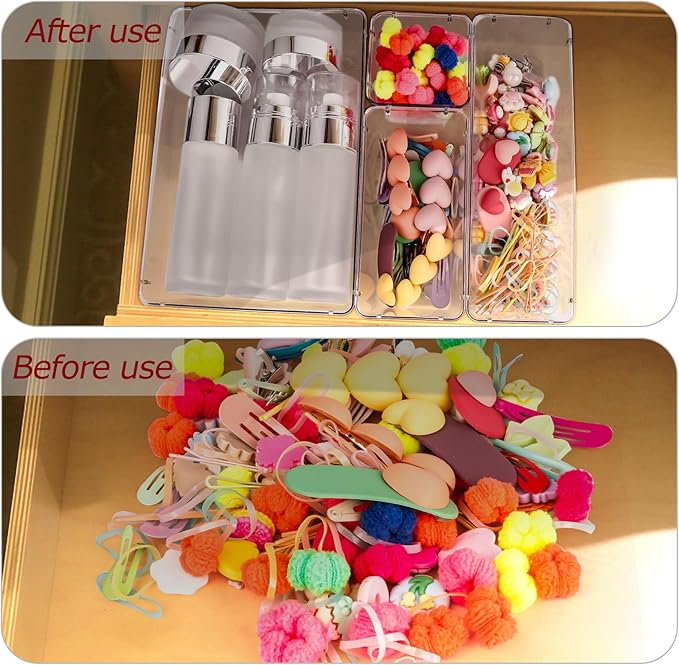 4 PCS Clear Plastic Drawer Organizer, Desk Drawer Divider Organizers and Storage Bins for Makeup, Jewelry, Gadgets for Kitchen, Bedroom, Bathroom, Office (9.0"x3.0"x2.2")