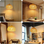 Bamboo Pendant Light, 11.8inch Hand-Woven Natural Wicker Rattan Bamboo Lamp, Beige Boho Hanging Chandelier, Rustic Island Dining Ceiling Light for Living Room, Kitchen, Farmhouse, Bedroom
