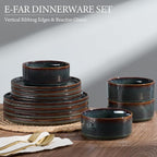 E-far 24-Piece Stoneware Dinnerware Sets, Plates and Bowls Sets for 8, Kitchen Modern Dinning Porcelain Dishes Set, Chip & Scratch Resistant, Dishwasher & Microwave Safe, Blackish Green