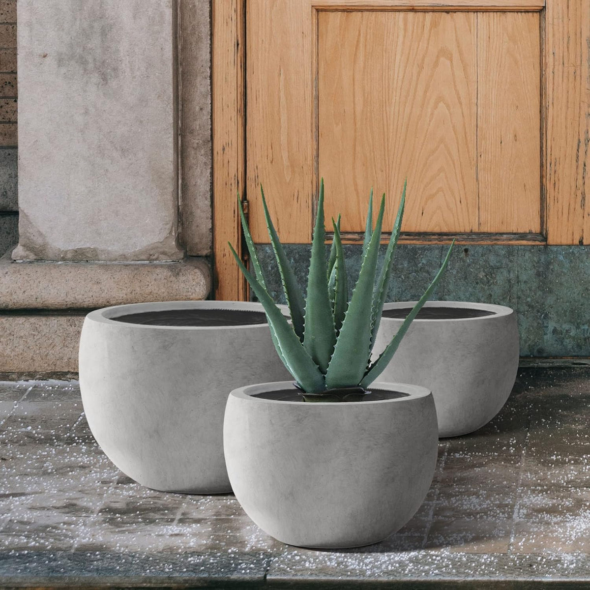 Kante 19.9",15.7",11.8" Dia Round Concrete Planter Set of 3, Outdoor/Indoor Large Bowl Plant Pots with Drainage Hole and Rubber Plug for Garden Patio Balcony Home, Natural Concrete