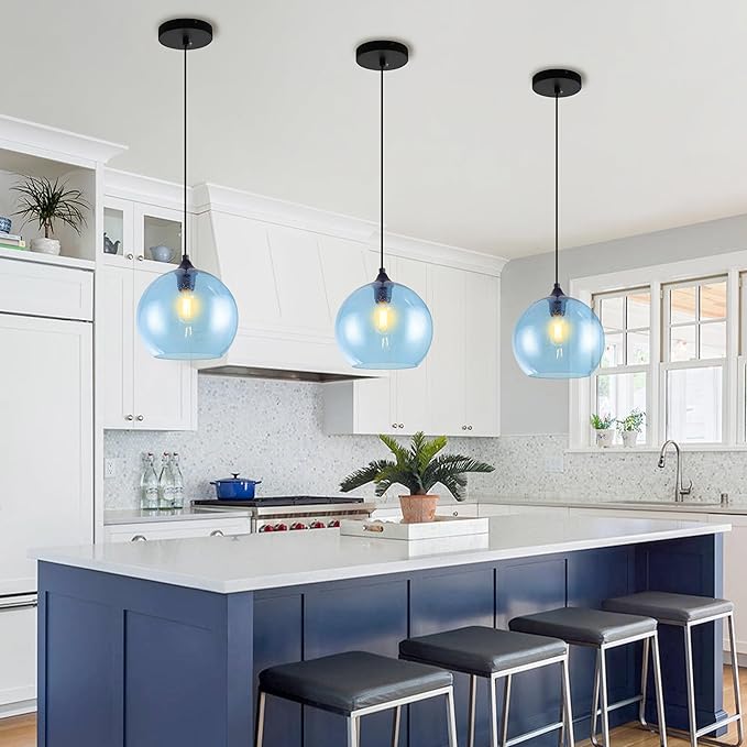 Blue Pendant Lights Kitchen Island Lighting Modern Globe Hand Blown Glass Pendant Light Ceiling Hanging Light fixtures for Kitchen Island Bedroom Living Dining Room Light Fixture,7.8in 2Pack