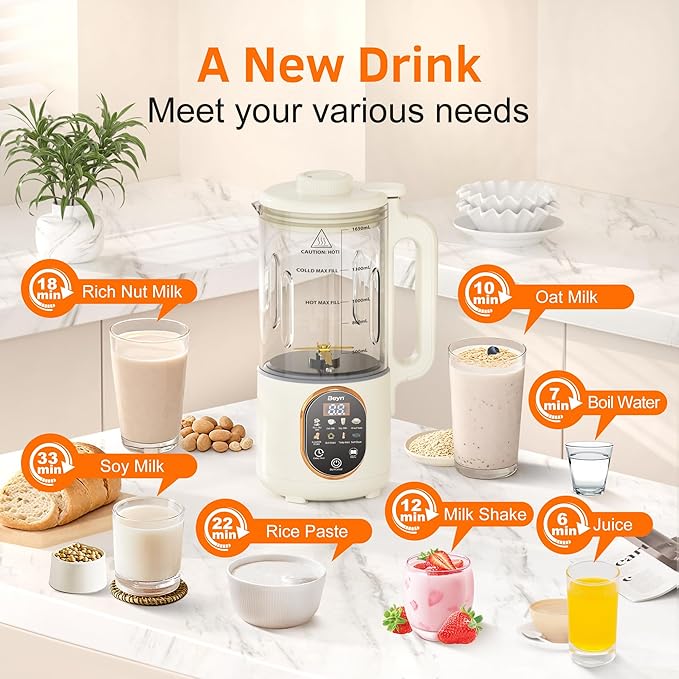 Beyn 10-in-1 Upgraded 60oz Nut Milk Maker Machine with 48-Leaf Titanium Blades，Automatic Plant-Based Milk Maker for Homemade Oat, Soy, Almond, Juice & More，Temp Hold, Delay Start, Boil &Auto Clean