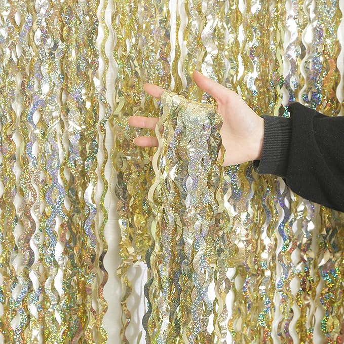4 Pack Wavy Sparkle Champagne Gold Metallic Tinsel Foil Fringe Curtains Photo Booth Backdrop | Gold Streamer Backdrop for Holiday Celebration Bachelorette Party Decorations