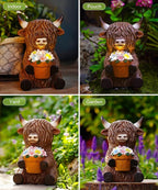 Nacome Solar Garden Highland Cow Holding Succulent Planter with LED Lights Outdoor Decor for Outside Yard Patio Balcony Porch Decorations - Birthday Gifts Mom Grandma Women(Brown)