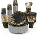 Black and Gold Party Supplies - 350 PCS Disposable Dinnerware Set - Black Paper Plates Napkins Cups, Gold Plastic Forks Knives Spoon for Halloween, Graduation, Birthday, Cocktail Party