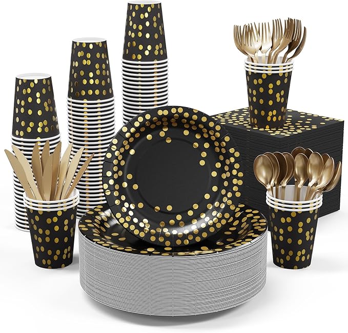 Black and Gold Party Supplies - 350 PCS Disposable Dinnerware Set - Black Paper Plates Napkins Cups, Gold Plastic Forks Knives Spoon for Halloween, Graduation, Birthday, Cocktail Party
