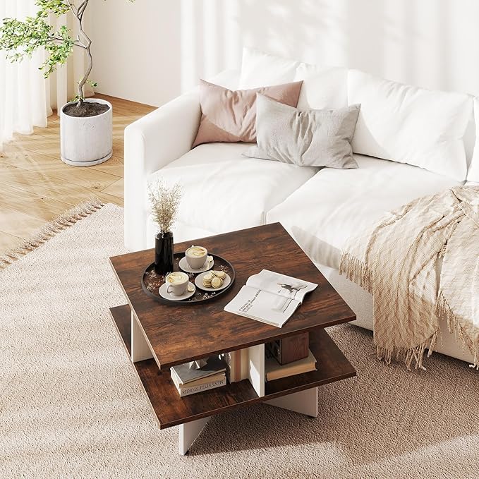 GOFLAME Farmhouse Coffee Table with Storage, 2-Tier Square Center Table with 4 Storage Compartments & X-Shape Base, Modern, Wood Tea Tables for Living Room, Lounge, Rustic Brown + White