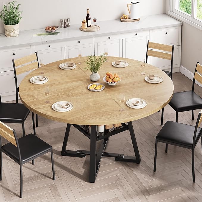 51'' Round Dining Table for 6,Kitchen Dining Room Circle Dinner Pedestal Table,Space Saving Wood Kitchen & Dining Room Furniture (Natual Wood, 51In)