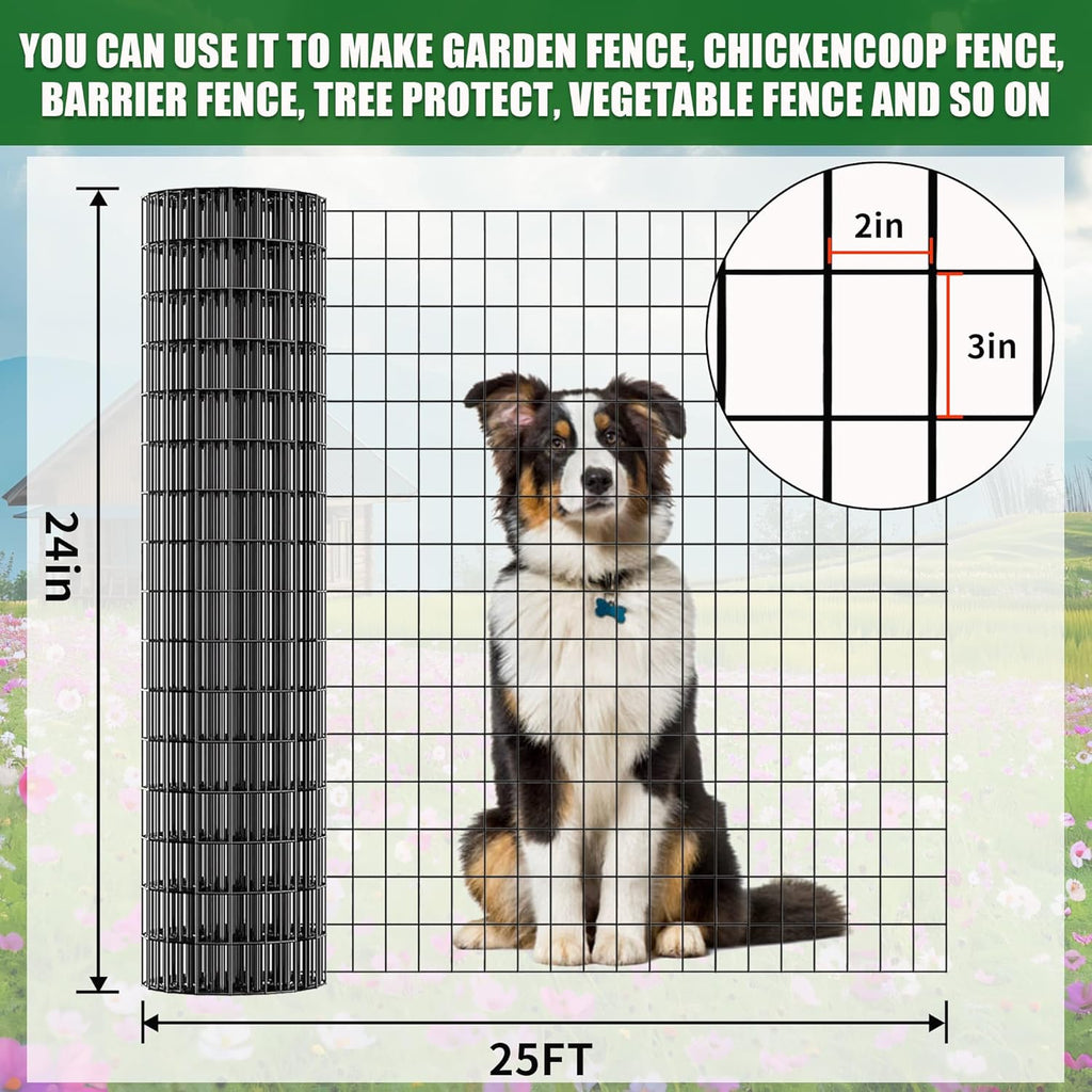 24 in x 25 ft Welded Wire Mesh Fence, 2 in × 3 in 15GA Black PVC Coated Garden Fencing Roll, Dog Barrier for Vegetable Yard, Poultry Netting,Heavy-Duty Border Fencing