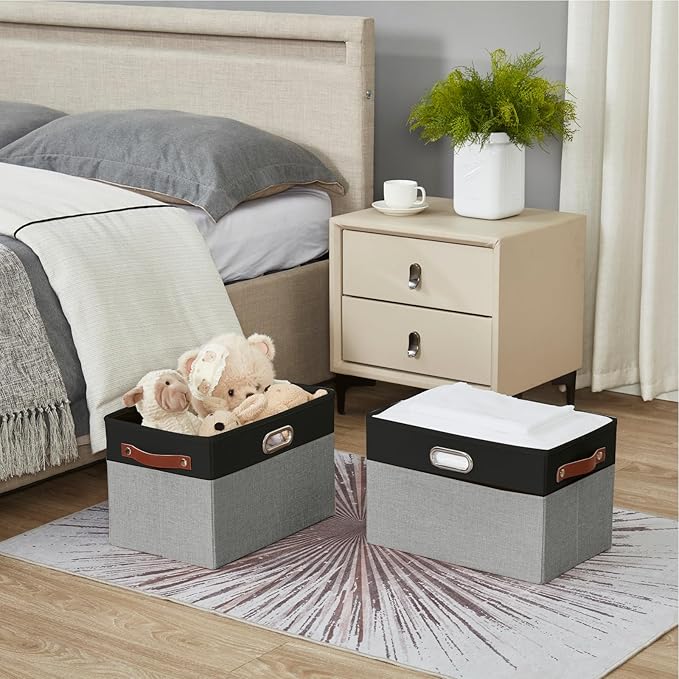 Large Collapsible Fabric Storage Bins with 3 Handles, Foldable Organizer Baskets for Closet, Shelves, Living Room | 3 Pack, Durable PU & Metal Handles (14.9"x9.8"x9.8", Black & Gray)