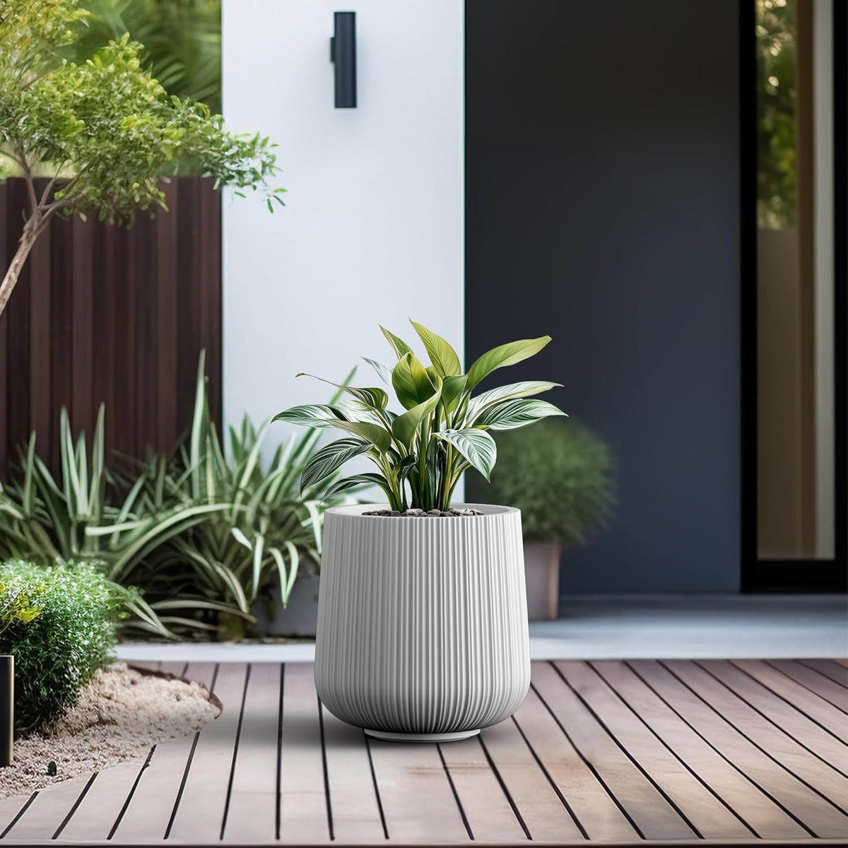 Kante 13.0" Dia Round Fluted Concrete Planter, Large Plant Pot with Drainage, Smooth White Finish with Aqua Blue Interior, for Indoor and Outdoor Use
