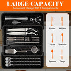 Utensil Drawer Organizer for Kitchen Cutlery, Expandable Large Silverware Organizer, Adjustable Cooking Utensil Tray, Plastic Spatula Tools and Gadgets Storage Divider, Marble Design, Black