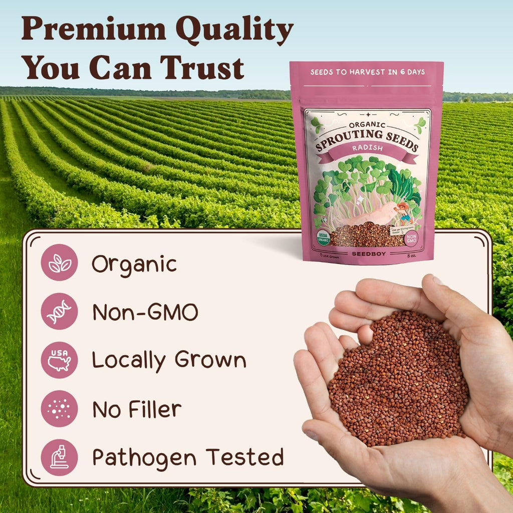 Seedboy Organic Non-GMO Radish Seeds for Sprouting - USA Grown Microgreens Sprouting Seeds - 8 oz Bag Makes 8 Quarts / 24 Servings (Daikon Radish)