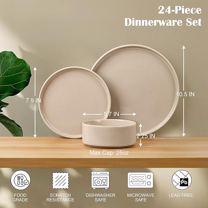 E-far Dinnerware Sets for 8, 24-Piece Stoneware Plates and Bowls Dish Set, Modern Kitchen Dinning Dishware, Chip and Scratch Resistant, Microwave & Dishwasher Safe, Speckled Khaki