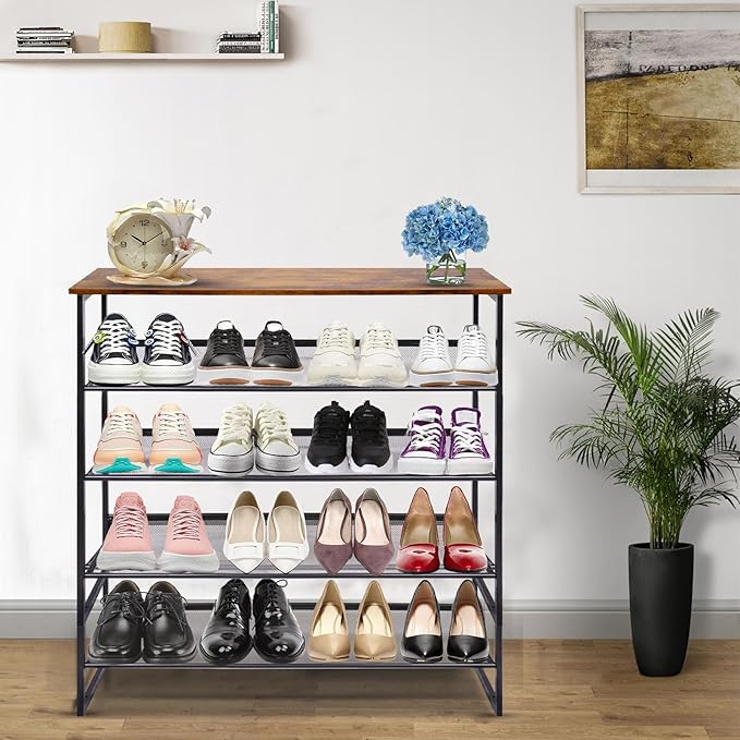 Garden 4 you 5-Tier Tilting Adjustable Freestanding Shoe Rack 12-Pairs for Durability and Stability for Entryways, Hallways, Closets, Dormitory Rooms, and Industries，Brown