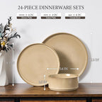E-far 24-Piece Stoneware Dinnerware Sets, Plates and Bowls Sets for 8, Kitchen Modern Dinning Porcelain Dishes Set, Chip & Scratch Resistant, Dishwasher & Microwave Safe, Caramel Khaki