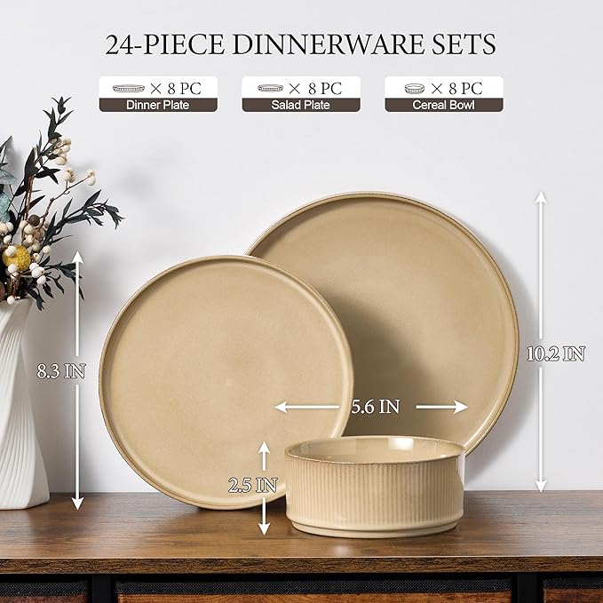 E-far 24-Piece Stoneware Dinnerware Sets, Plates and Bowls Sets for 8, Kitchen Modern Dinning Porcelain Dishes Set, Chip & Scratch Resistant, Dishwasher & Microwave Safe, Caramel Khaki