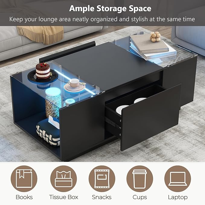Modern High Gloss Coffee Table with Storage, 41.3-Inch Glass Top Center Cocktail Table with Drawers for Living Room, Black