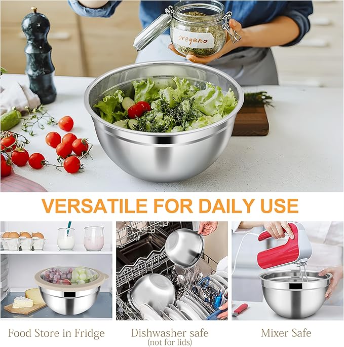 TeamFar Mixing Bowls with Lids, 4.5/3/1.5 QT Stainless Steel Nesting Salad Bowls with Airtight Lids, For Serving/Mixing/Storing/Prepping, Healthy & Sturdy, Visible & Easy Clean, Khaki, Set of 3