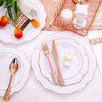 NOCCUR 175PCS Rose Gold Plastic Plates with Disposable Silverware - Include 25Dinner Plates, 25Dessert Plates, 25Forks, 25Knives, 25Spoons, 25Cups, 25Napkins for Wedding&Party