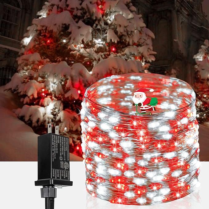 66Ft 200 LED Fairy Lights Plug in, Waterproof String Lights Outdoor & Indoor 8 Modes Christmas Lights Bedroom Decor, Timer Twinkle Lights for Bedroom Party Christmas Decorations (Red and Cool White)