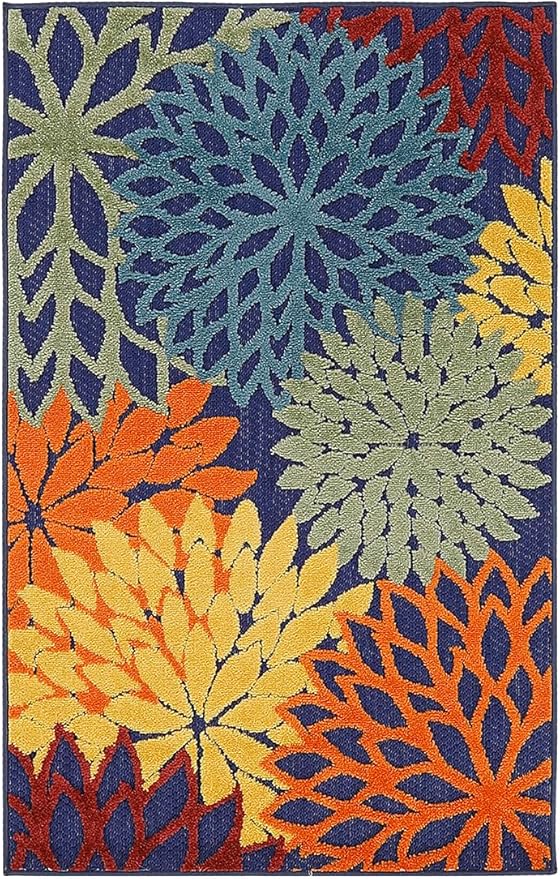 Nourison Home Aloha Indoor-Outdoor Navy Multicolor 2'8" x 4' Area Rug, Easy Cleaning, Non Shedding, Bed Room, Living Room, Dining Room, Backyard, Deck, Patio (3x4)