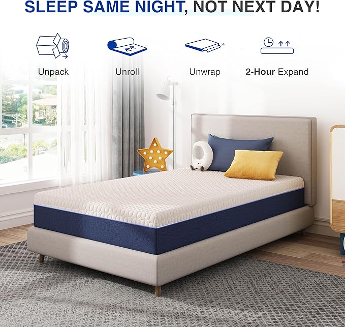 6 Inch Twin Gel Cooling Memory Foam Mattress, Pressure Relief, Medium Firm Support，Bed in a Box, Twin Mattress for Kids, CertiPUR-US Certified