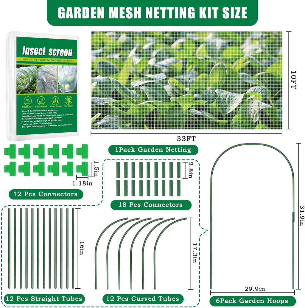 10 X 33 FT Garden Mesh Netting Kit Pest Barrier for Raised Beds, Fruit Tree Netting with 6 Sets Garden Hoops & 12 Clips for Cicadas Bird Insect, Blueberry Bush Netting Cover for Garden Protection