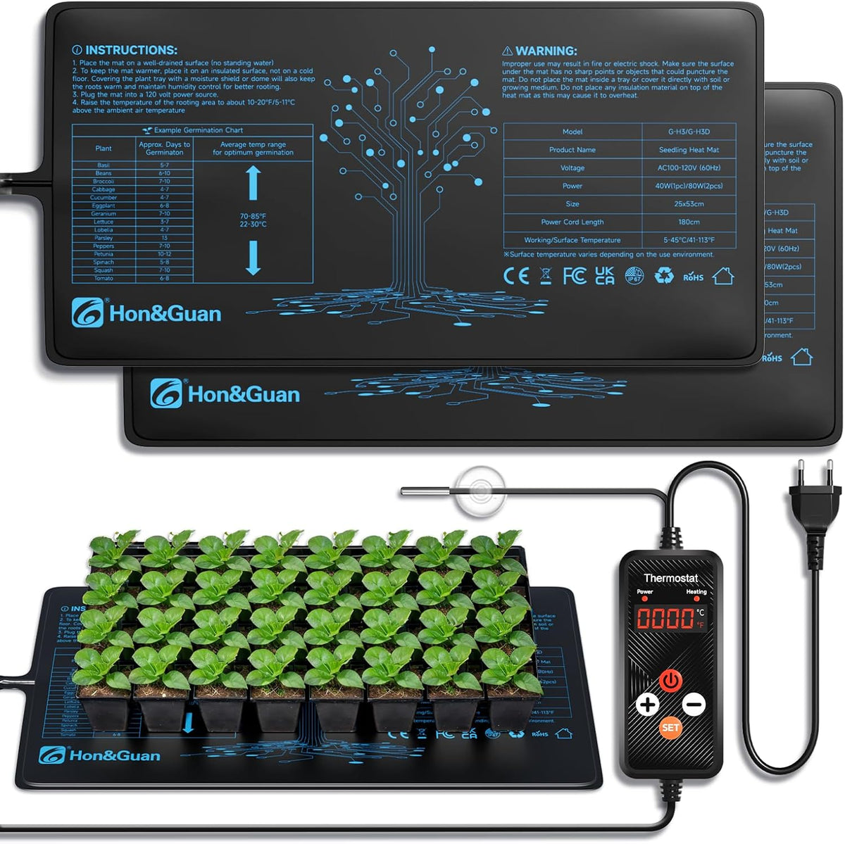 2 Packs Hon&Guan 10"x 20.75" Seedling Heat Mat with Digital Thermostat Combo Set,Waterproof Plant Heating Pad for Germination,Indoor Gardening,Greenhouse