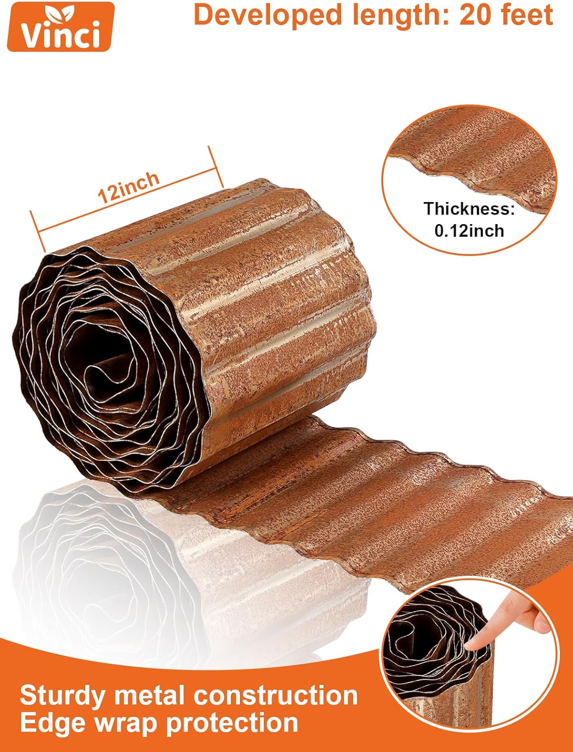 Vinci Garden Landscape Edging Border, 12 Inch x 20 FT Corrugated Sturdy Metal Easy Installation Safe Hemmed Lawn Garden Border Edges for DIY Flower Beds,Pathways and Patio Design (Rusted)