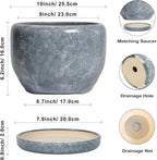 SQOWL Ceramic Pot for Plants - 10 Inch Plant Pot Indoor with Drainage Hole and Saucer, Round Ceramic Planter, Decorative Large Flower Pot Outdoor, Home Office Room Decor, Garden Gifts, Gray