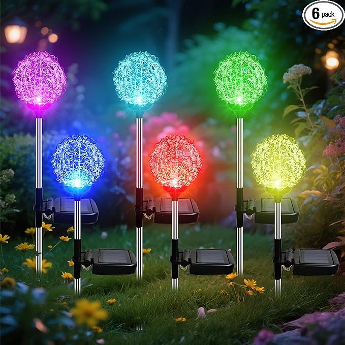 Solar Garden Lights Outdoor, Upgraded Globe Powered Garden Light, Multi-Color Changing LED Solar Stake Lights for Patio Backyard Pathway Party Decoration (Stainless Steel, 6 Pack)