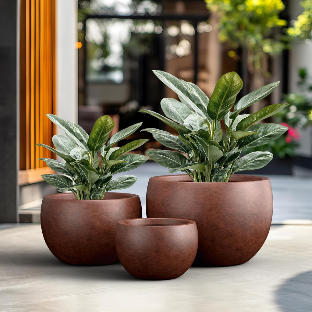 Kante 19.9",15.7",11.8" Dia Round Concrete Planter Set of 3, Outdoor/Indoor Large Bowl Plant Pots with Drainage Hole and Rubber Plug for Garden Patio Balcony Home, Rusty