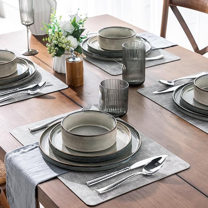GBHOME Ceramic Dinnerware Sets for 6, 18 Pieces Stoneware Plates and Bowls Sets, Reactive Glaze Stackable Dish Set -Scratch Resistant, Dishwasher&Microwave Safe