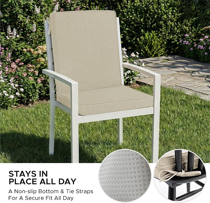 Outdoor Chair Cushions, Water-Resistant & Fade-Resistant, Patio Furniture Lawn Dining Chair Seat Replacement with Mid Back, Ties Zipper, Removable Cover, 18 x 16.5 Inch, Set of 4, Beige