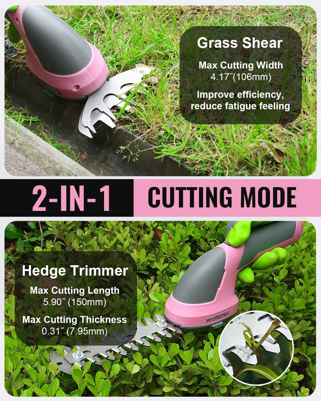 WORKPRO Cordless Grass Shear & Shrubbery Trimmer - 2 in 1 Handheld Hedge Trimmer 7.2V Electric Grass Trimmer Hedge Shears/Grass Cutter Rechargeable Lithium-Ion Battery and Type-C Cable - Pink Ribbon