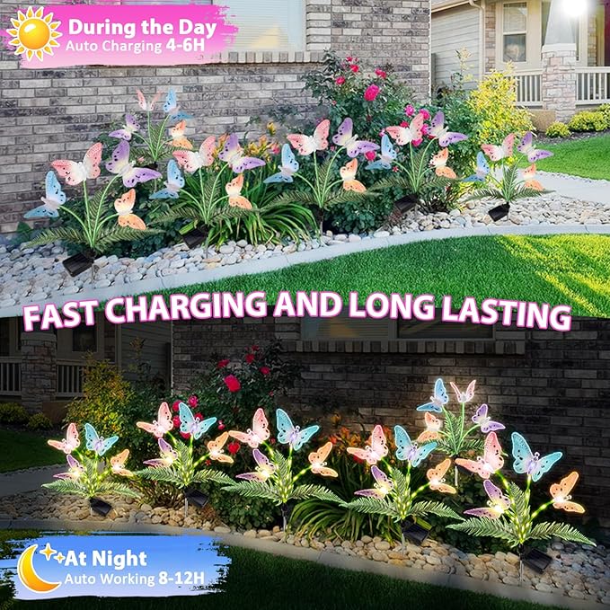 Solar Garden Lights 4 Pack Waterproof Decorative Solar Lights Outdoor with Glowing Stems,7-Color Changing ‎Fiber Optic Butterfly Light for Outside Yard Lawn Garden Decor, Gifts for Women