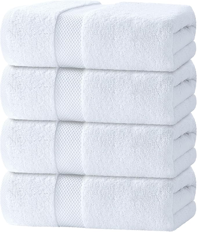 White Classic Luxury Bath Towels Set of 4 Large - 700 GSM Turkish Cotton Ultra Soft Bath Towels 27x54 | Highly Absorbent and Quick Dry | Hotel Towels for Bathroom Luxury, Plush Shower Towels, White