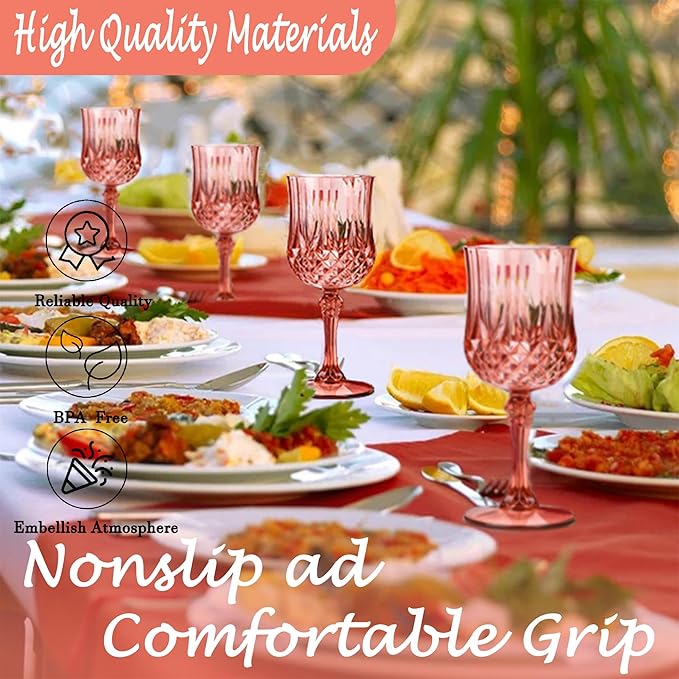 Plastic Wine Glasses，Plastic Goblets Vintage Style Cordial Drinking Glasses for Wedding Reception, Grand Event Party Supplies (12, Rose Gold)