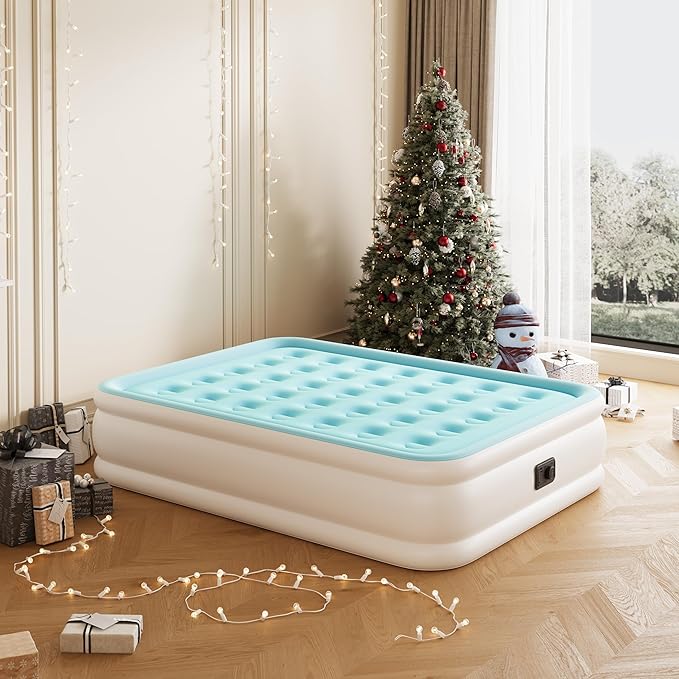 Full Size Air Mattress with Built in Pump, Air Bed with Portable Storage Bag, 18'' Blow up Mattress Suitable for Home and Guests, Top Flocking, 18" Full Sky Blue