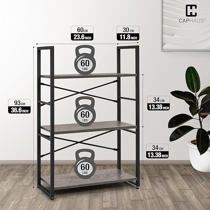 CAPHAUS 3 Tier Small Bookshelf, 24 Inch Width Free Standing Shelf, Bookcase Shelf Storage Organizer, Industrial Book Shelves for Home Office, Living Room, Dark Grey Shelves & Metal Frame