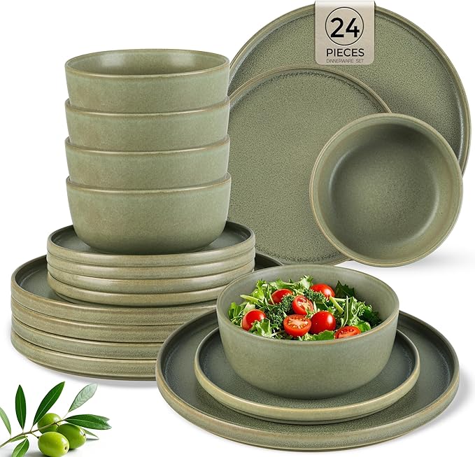 AmorArc Stoneware Dinnerware Sets for 8,Reactive Ceramic Plates and Bowls Set,Highly Chip and Crack Resistant | Dishwasher & Microwave Safe | Round Dishes Set Service for 8 (24pc)
