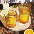 12pcs Vintage Drinking Glasses Set, 12 oz Highball Glasses & 9 oz Embossed Ribbed Glassware Cups for Thanksgiving Cocktail, Juice, Coffee, Whiskey (Amber)