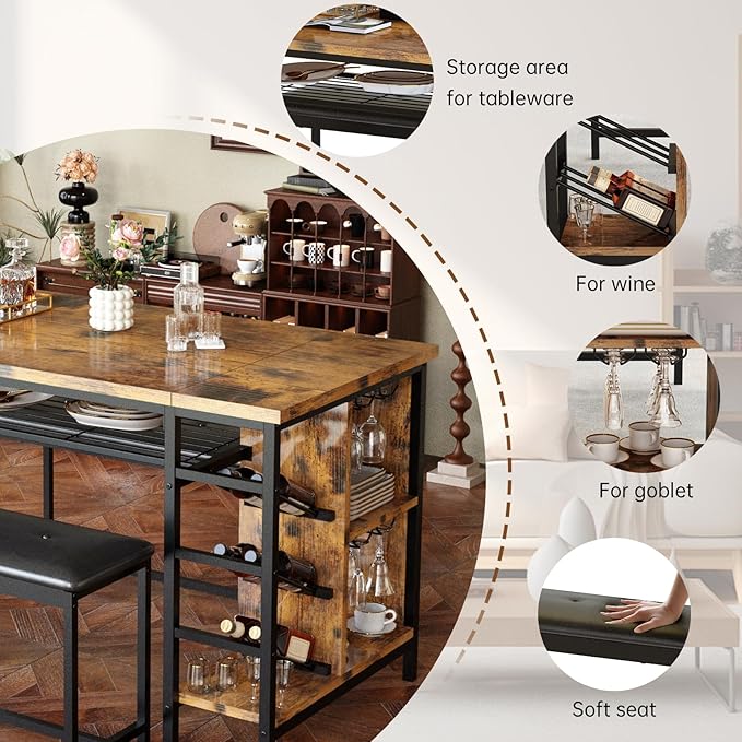 AWQM Space Saving Dining Table Set for 2-4 People, 53" Kitchen Table with 2 Upholstered Bench, Dinner Table with Wine Rack Glass Holder and Storage Shelf, 3-Piece Dinette Table for Small Apartment